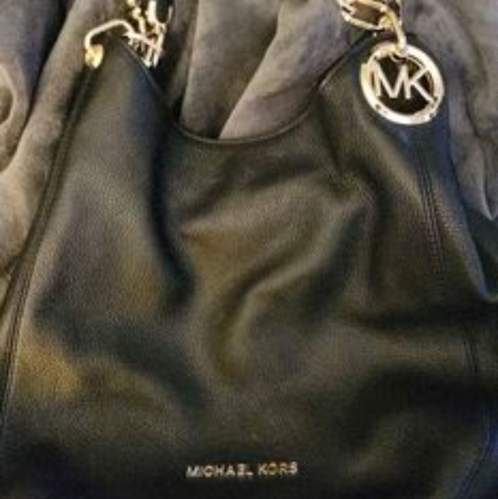 Michael Kors Black Lillie Large Leather Shoulder Bag Gold Chains